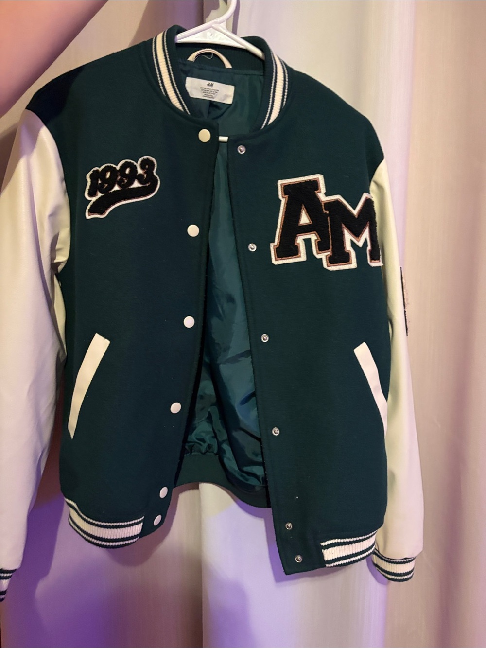 H&M Dark Green and White Varsity Bomber Jacket